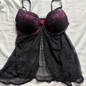 La SENZA Black and Magenta Floral Lace Mesh Open Front Babydoll Lingerie
